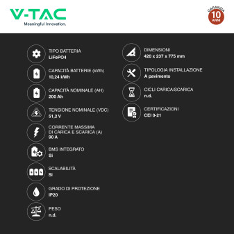 V-Tac Batteria BMS LiFePO4 51,2V 200Ah 10,24kWh Colore Nero