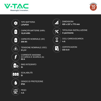 V-Tac Batteria BMS LiFePO4 51,2V 200Ah 10,24kWh Colore Nero