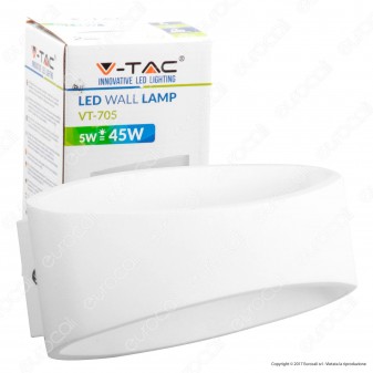 V-Tac VT-705 Lampada da Muro Wall Light LED 5W Forma Arrotondata Colore Bianco - SKU 8208 / 8232