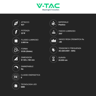 Lampadina LED E27 22W Globo G120 SMD V-Tac Lampadina LED E27 22W Globo G120 SMD V-Tac