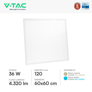 Pannello LED Quadrato 36W SMD CREE con Driver LiFud V-Tac Pro