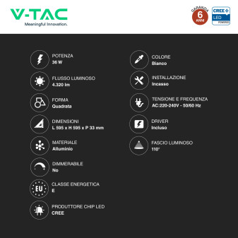 Pannello LED Quadrato 36W SMD CREE con Driver LiFud V-Tac Pro