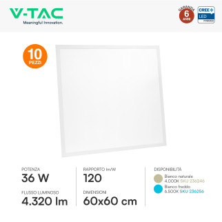 10 Pannelli LED Quadrati 36W SMD CREE con Driver LiFud V-Tac Pro