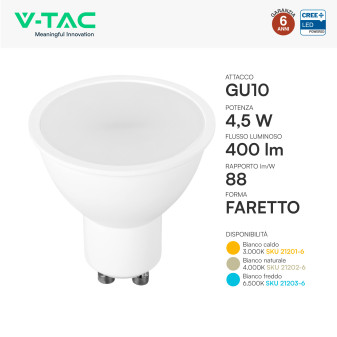 Faretto LED GU10 4,5W PAR16 SMD Chip CREE V-Tac