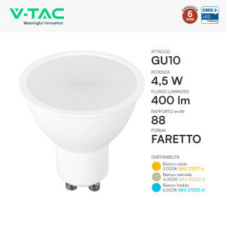 Faretto LED GU10 4,5W PAR16 SMD Chip CREE V-Tac