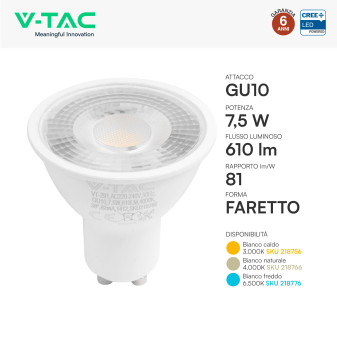 Faretto LED GU10 7,5W PAR16 SMD Chip CREE V-Tac