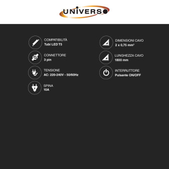 Cavo di Alimentazione con Interruttore 1,8 metri per Tubi T5 Universo