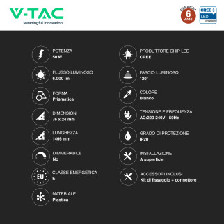 Tubo LED Prismatico 50W 150cm SMD Chip CREE V-Tac