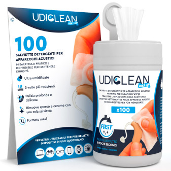 Udiclean Roll-Up Dispenser Pulizia Apparecchi Acustici 100 Salviette