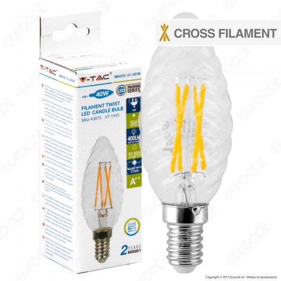 V-Tac VT-1985 Lampadina LED E14 4W Candela Twist Cross Filament - SKU V-Tac VT-1985 Lampadina LED E14 4W Candela Twist Cross Filament - SKU