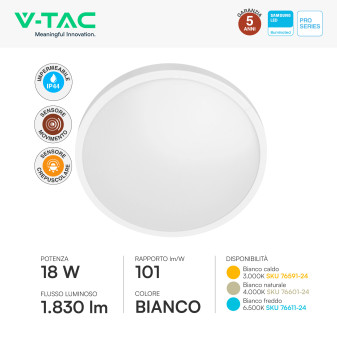 Plafoniera LED 18W SMD Samsung IP44 con Sensore V-Tac Pro