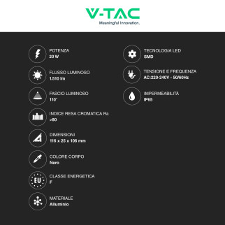 Faro LED 20W SMD IP65 Colore Nero V-Tac VT-44022 Faro LED 20W SMD IP65 Colore Nero V-Tac VT-44022