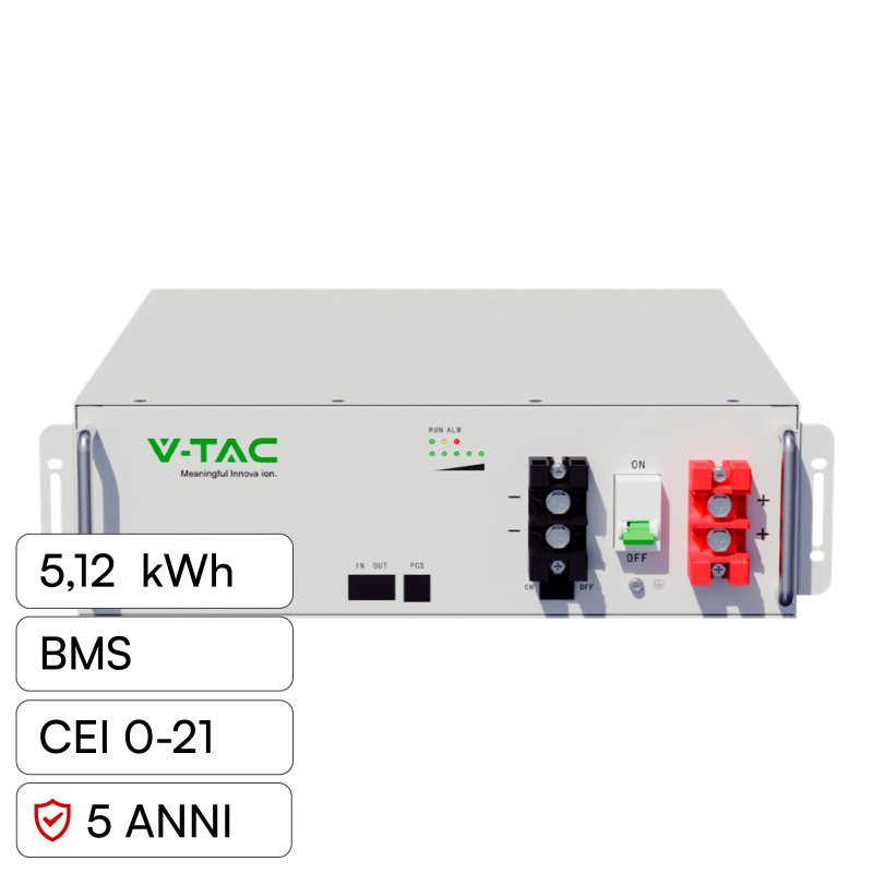 V-Tac Batteria BMS LiFePO4 51,2V 100Ah 5,12kWh Garanzia 5 Anni