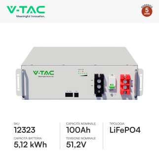 V-Tac Batteria BMS LiFePO4 51,2V 100Ah 5,12kWh Garanzia 5 Anni