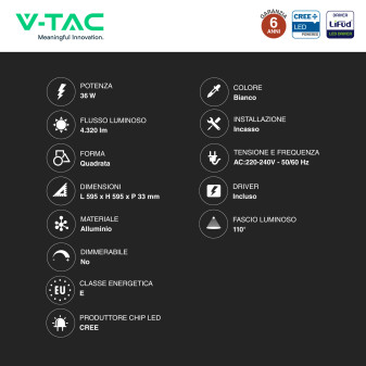 10 Pannelli LED Quadrati 36W SMD CREE con Driver LiFud V-Tac Pro