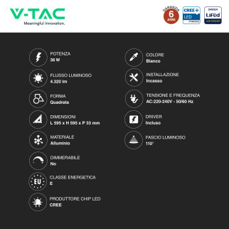 10 Pannelli LED Quadrati 36W SMD CREE con Driver LiFud V-Tac Pro