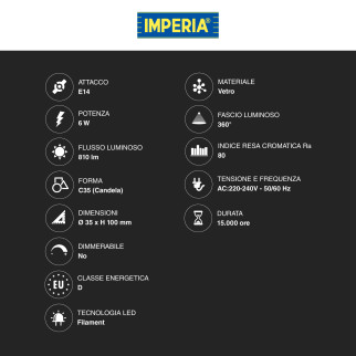 Lampadina LED E14 6W Candela C35 Filament in Vetro Bianco Imperia