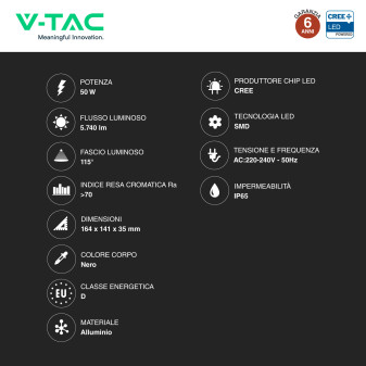 Faro LED 50W SMD Chip CREE IP65 Colore Nero VT-4455
