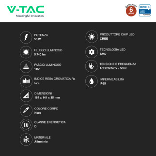 Faro LED 50W SMD Chip CREE IP65 Colore Nero VT-4455