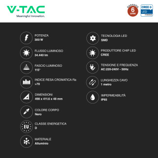 Faro LED 300W SMD Chip CREE IP65 Colore Nero VT-44003