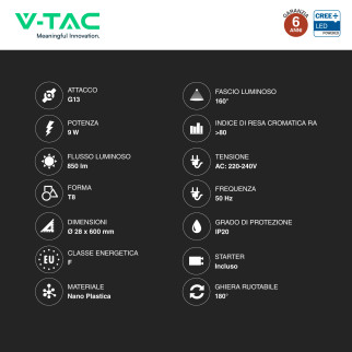 Tubo LED T8 G13 9W SMD CREE Nano-Plastic 60cm con Starter V-Tac Tubo LED T8 G13 9W SMD CREE Nano-Plastic 60cm con Starter V-Tac
