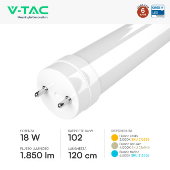 Tubo LED T8 G13 18W SMD CREE Nano-Plastic 120cm con Starter V-Tac