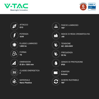 Tubo LED T8 G13 18W SMD CREE Nano-Plastic 120cm con Starter V-Tac Tubo LED T8 G13 18W SMD CREE Nano-Plastic 120cm con Starter V-Tac