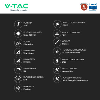 Tubo LED Prismatico 10W 30cm SMD Chip CREE V-Tac Tubo LED Prismatico 10W 30cm SMD Chip CREE V-Tac