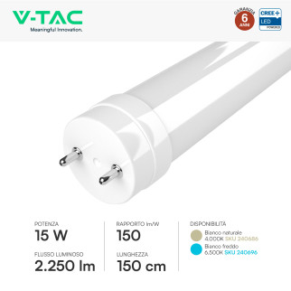 Tubo LED T8 G13 15W SMD CREE Nano-Plastic 150cm con Starter V-Tac