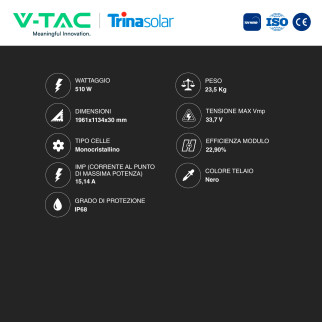 V-Tac Pannelli Solari Fotovoltaici Trina Solar 510W TOPCon IP68