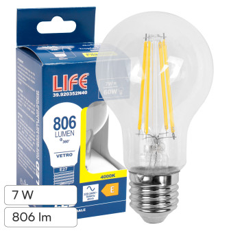 Life Lampadina LED E27 7W Goccia A60 Filament in Vetro Trasparente