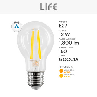 Life Lampadina LED E27 12W Goccia A70 Filament in Vetro Trasparente