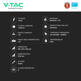 V-Tac VT-169ST-S Lampada Stradale LED Samsung SMD IP65 Grigio