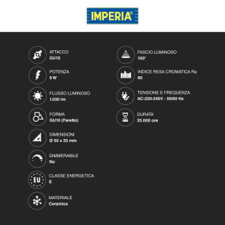 Imperia Lampadina LED GU10 9W Faretto PAR16 in Ceramica