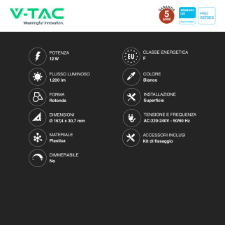 V-Tac Pro VT-60012 Mini Pannello LED Rotondo 12W SMD Chip Samsung