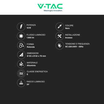 V-Tac VT-1018 Faretto LED da Incasso Rotondo 18W SKU 10301 10302 10303