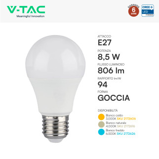 V-Tac Lampadina LED E27 8,5W Goccia A60 SMD Opaca
