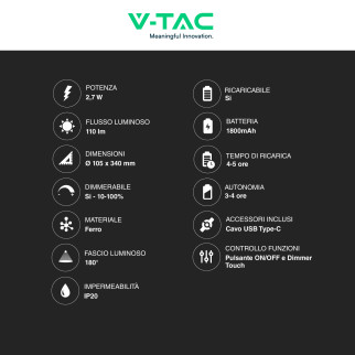 V-Tac VT-7967 Lampada LED SMD da Tavolo 2,7W 3in1 Ricaricabile