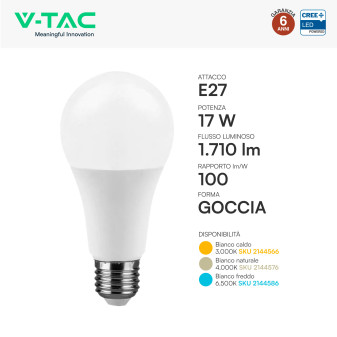 V-Tac Lampadina LED E27 17W Goccia A65 SMD Opaca