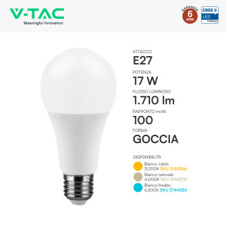 V-Tac Lampadina LED E27 17W Goccia A65 SMD Opaca