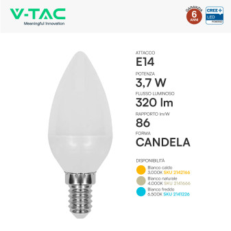 V-Tac Lampadina LED E14 3,7W Candela C37 SMD Opaca