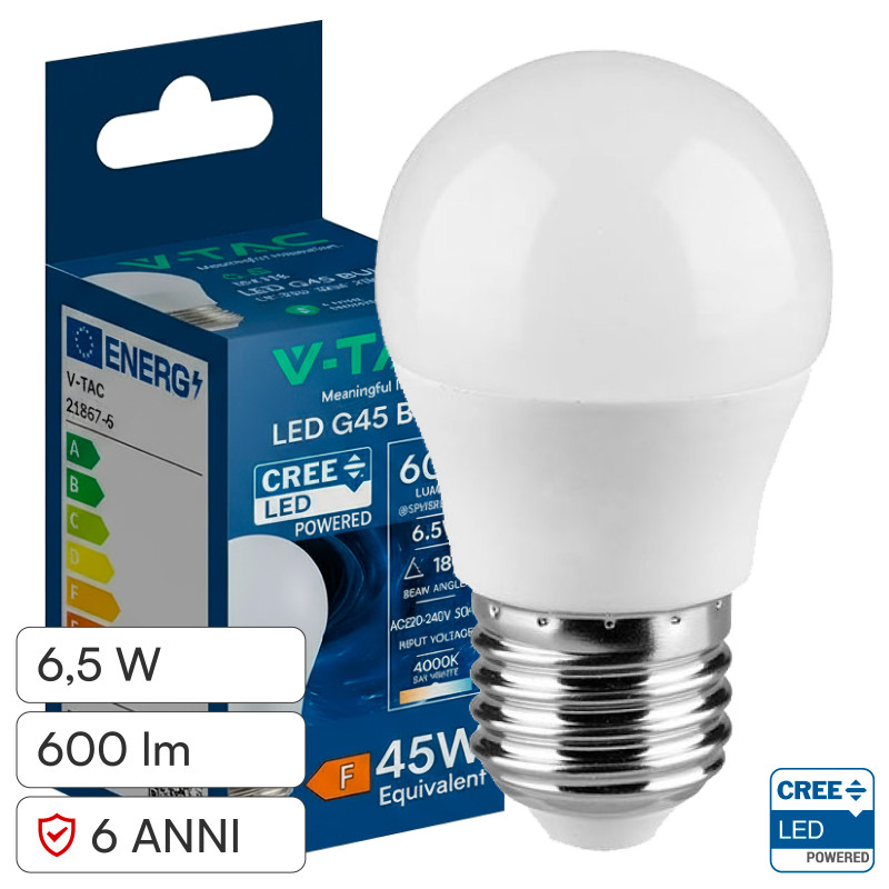 V-Tac VT-270 Lampadina LED E14 6,5W MiniGlobo G45 SMD Chip CREE