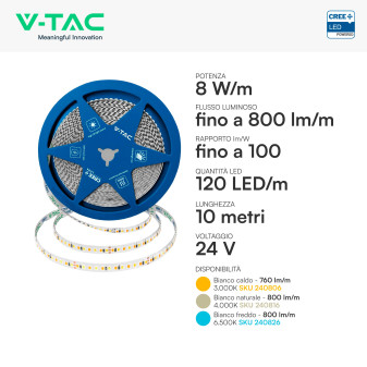 V-TAC Striscia LED Flessibile 8 W/m Monocolore DMS Chip CREE 24V 10m