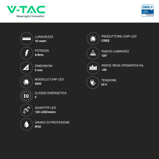V-TAC Striscia LED Flessibile 8 W/m Monocolore DMS Chip CREE 24V 10m