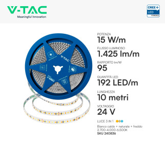 V-Tac Striscia LED Flessibile 15W/m 3in1 SMD Chip CREE 24V 8m