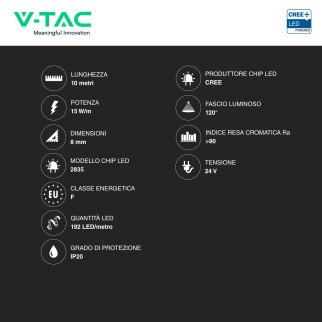 V-Tac Striscia LED Flessibile 15W/m 3in1 SMD Chip CREE 24V 8m
