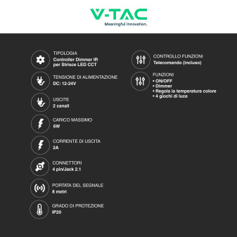 V-TAC Controller Dimmer IR Strisce LED CCT 2 Canali con Telecomando