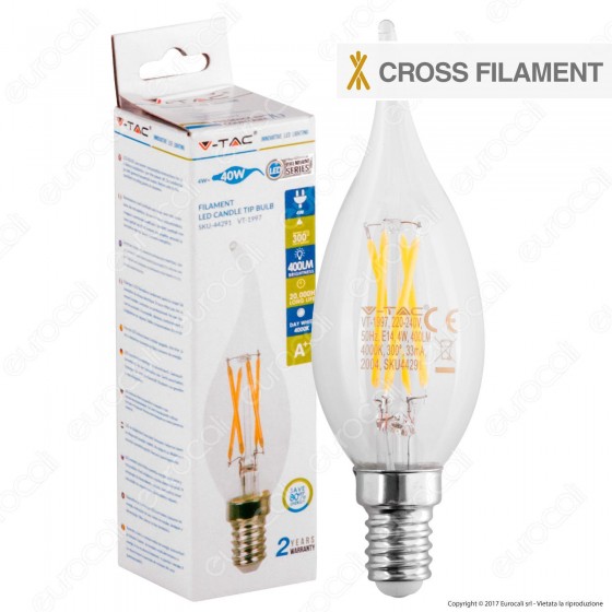V-Tac VT-1997 Lampadina LED E14 4W Candela Fiamma Cross Filament - V-Tac VT-1997 Lampadina LED E14 4W Candela Fiamma Cross Filament -