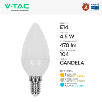 V-Tac Lampadina LED E14 4,5W Candela C37 SMD Opaca