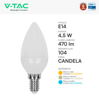 V-Tac Lampadina LED E14 4,5W Candela C37 SMD Opaca